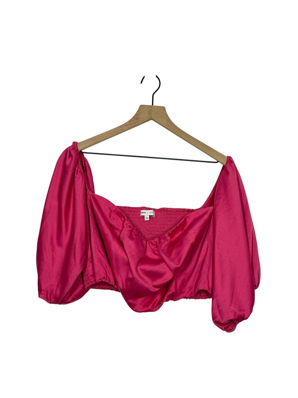 Express x Ladygang Crop Top Large Pink Chiffon Smocked Off Shoulder Puff Sleeve